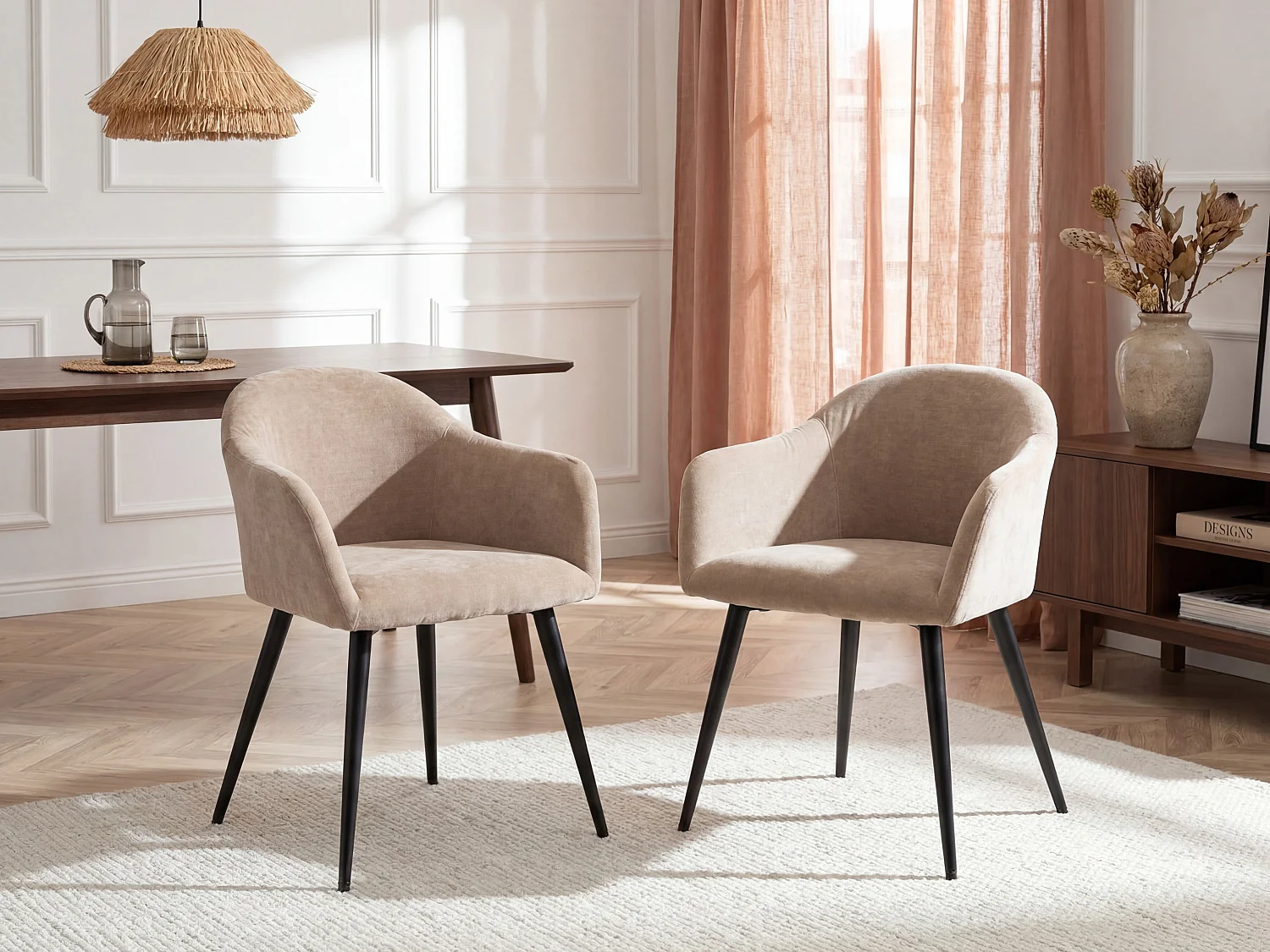Set van 6 stoelen BIBO - met armleuningen - Fluweel en metaaleffect - Beige