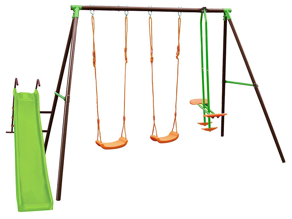 Schaukelgestell mit 3 Schaukeln & Rutsche BLANDINE - Stahl - Mehrfarbig - B354 x T188 x H196 cm