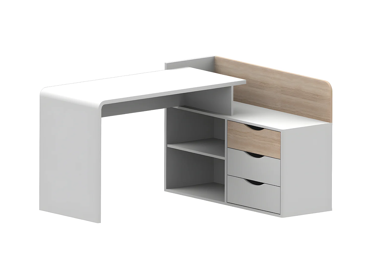 Escritorio rinconera DECLAN II - MDF - 3 cajones y 2 estantes - Color: blanco y roble