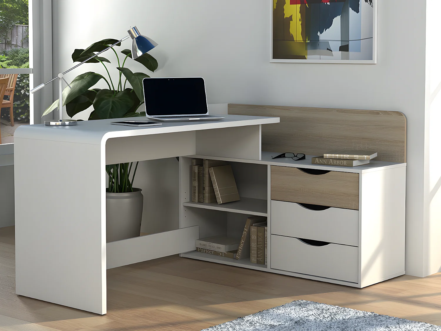 Bureau d'angle DECLAN II - MDF - 3 tiroirs & 2 niches - Coloris : Blanc & Chêne