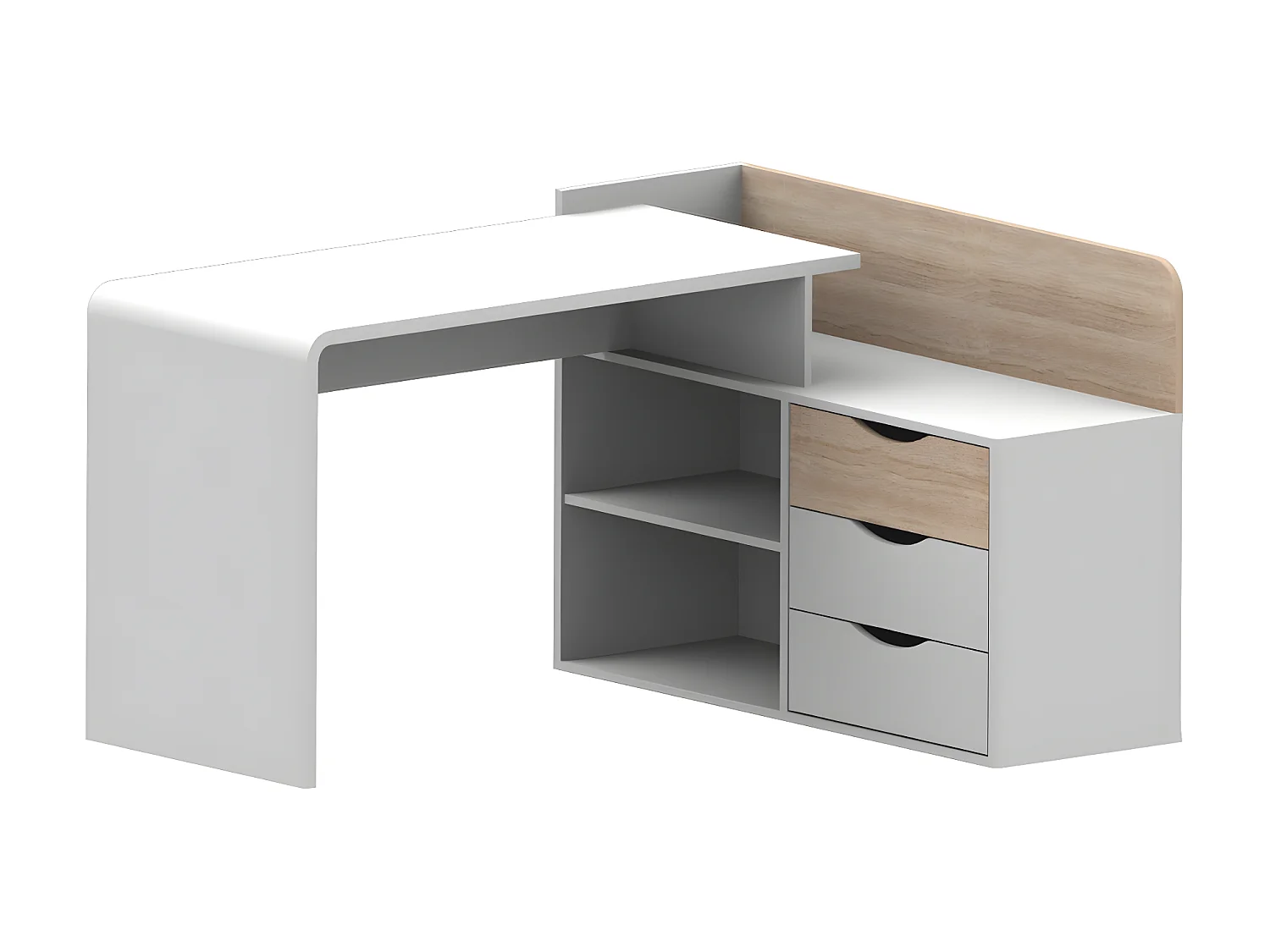 Bureau d'angle DECLAN II - MDF - 3 tiroirs & 2 niches - Coloris : Blanc & Chêne