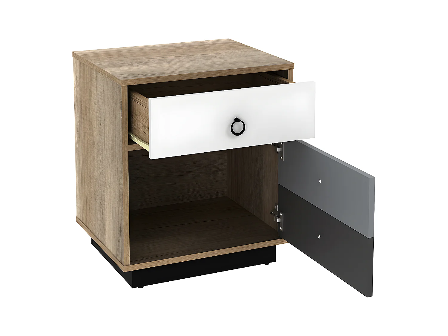 Mesa de noche 1 cajón y 1 puerta - Color: natural, blanco y gris - KRYPTON