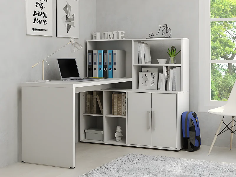  Escritorio rinconera LEON con compartimentos y estanterías - Blanco