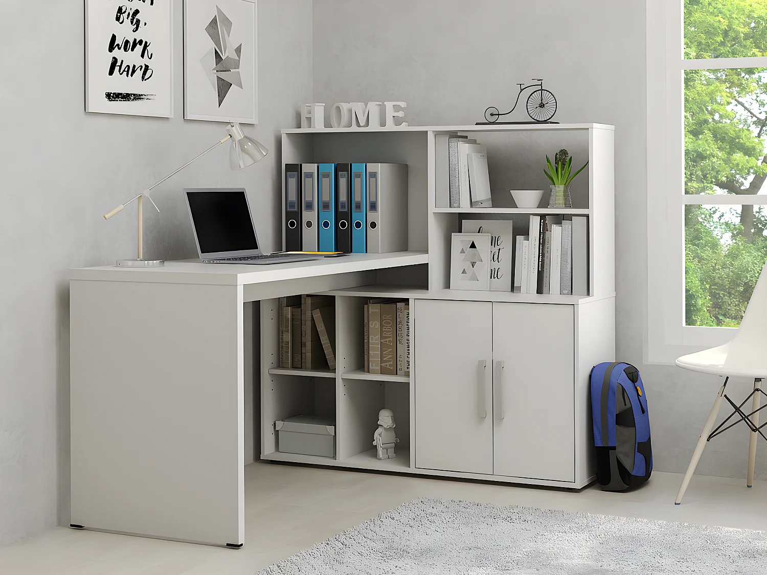 Hoekbureau LEON met opbergruimte en kast - Wit