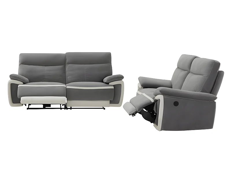 Canapés 3 places et 2 places relax électrique en velours METTI - Gris et bandes écru