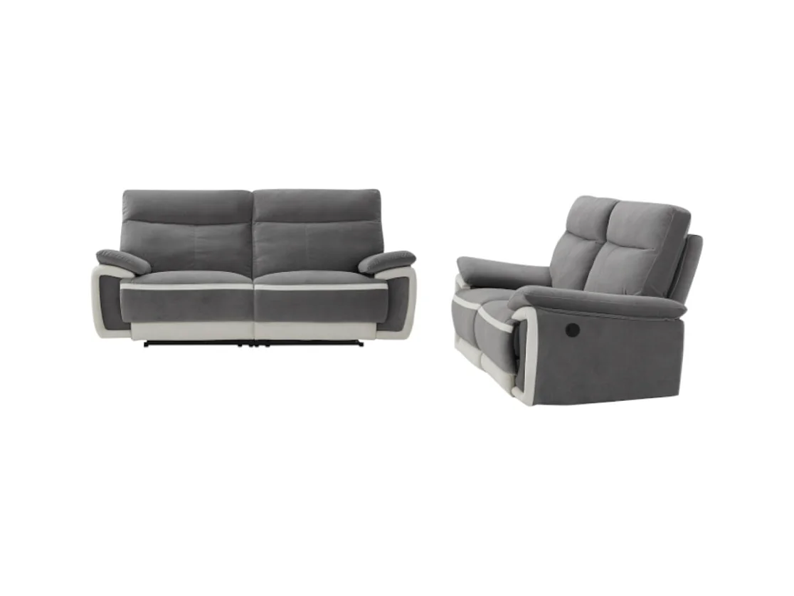Canapés 3 places et 2 places relax électrique en velours METTI - Gris et bandes écru