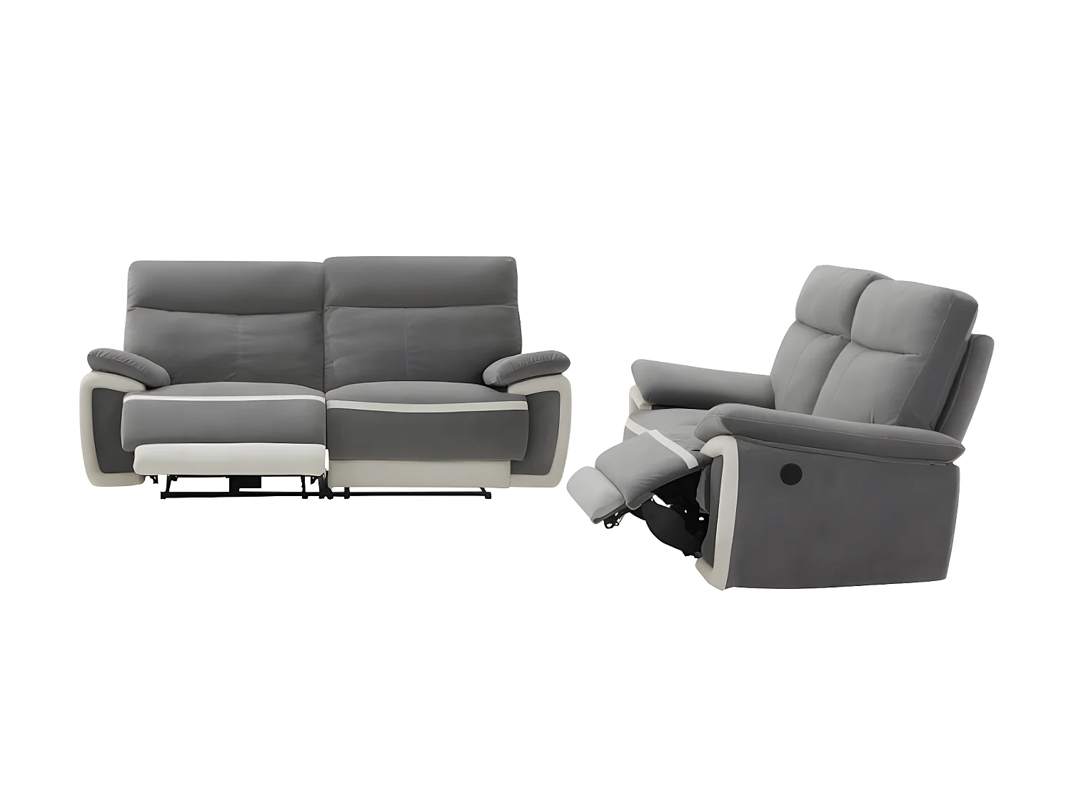 Sofás 3+2 places relax eléctrico de terciopelo METTI - Gris y bandas crudo