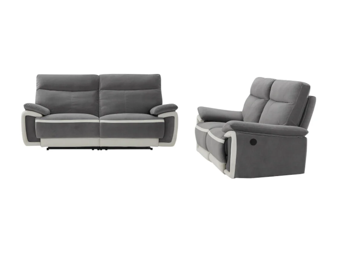 Elektrische driezits en tweezitsbank van fluweel METTI - Grijs en banden van ecru