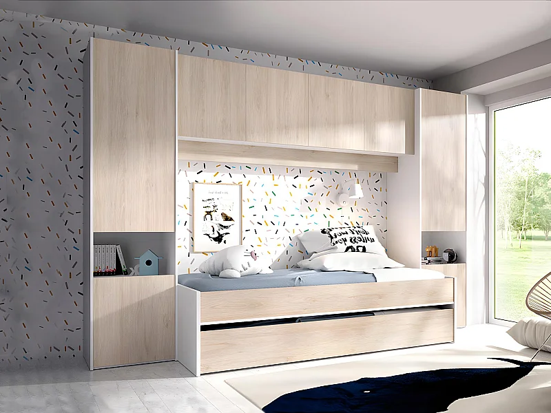 Letto a scomparsa con ponte 90 x 190 cm Rovere e Bianco - SELENA