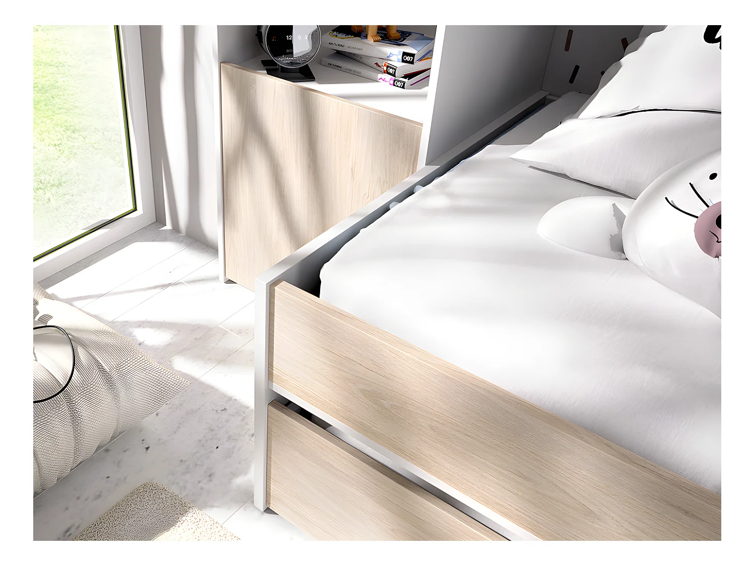 Uitschuifbed SELENA - 90 x 190 cm - Kleur: eiken en wit