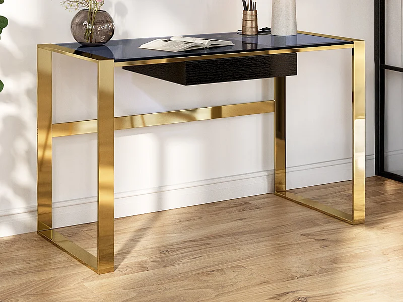 Bureau  avec 1 tiroir - Verre trempé et acier - Noir et doré - SALI de Pascal Morabito