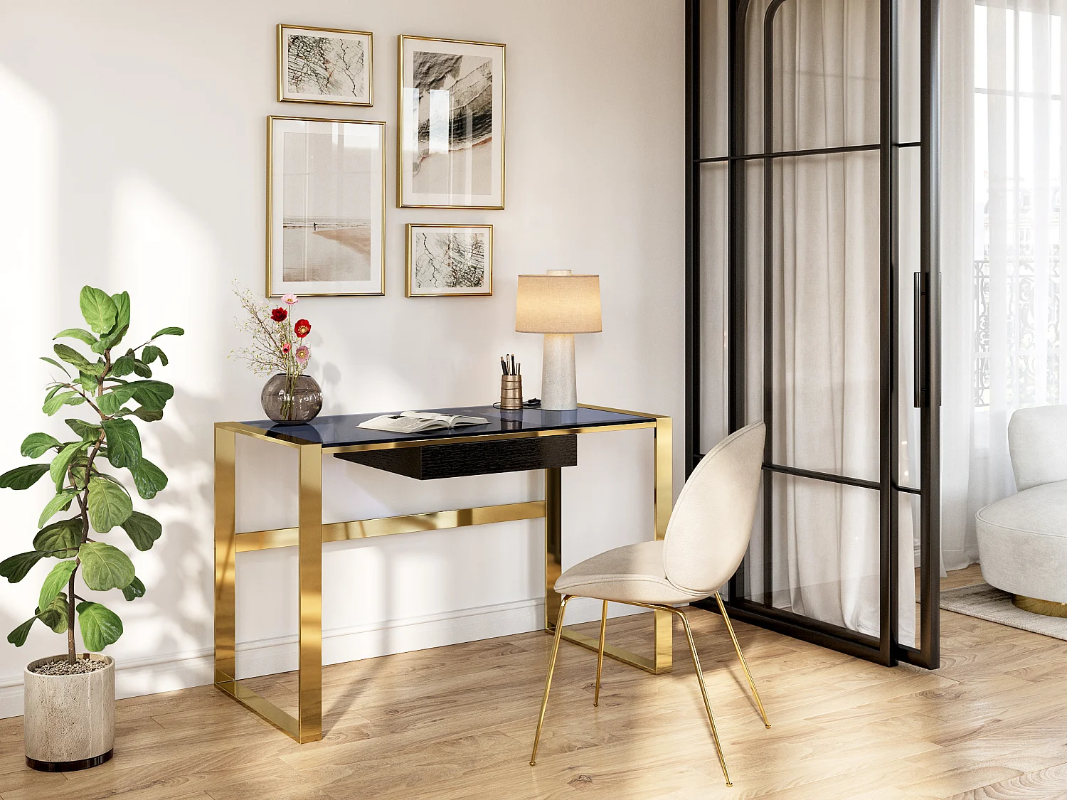 Bureau SALI - 1 lade - Gehard glas en staal - Zwart en goudkleurig - van Pascal Morabito