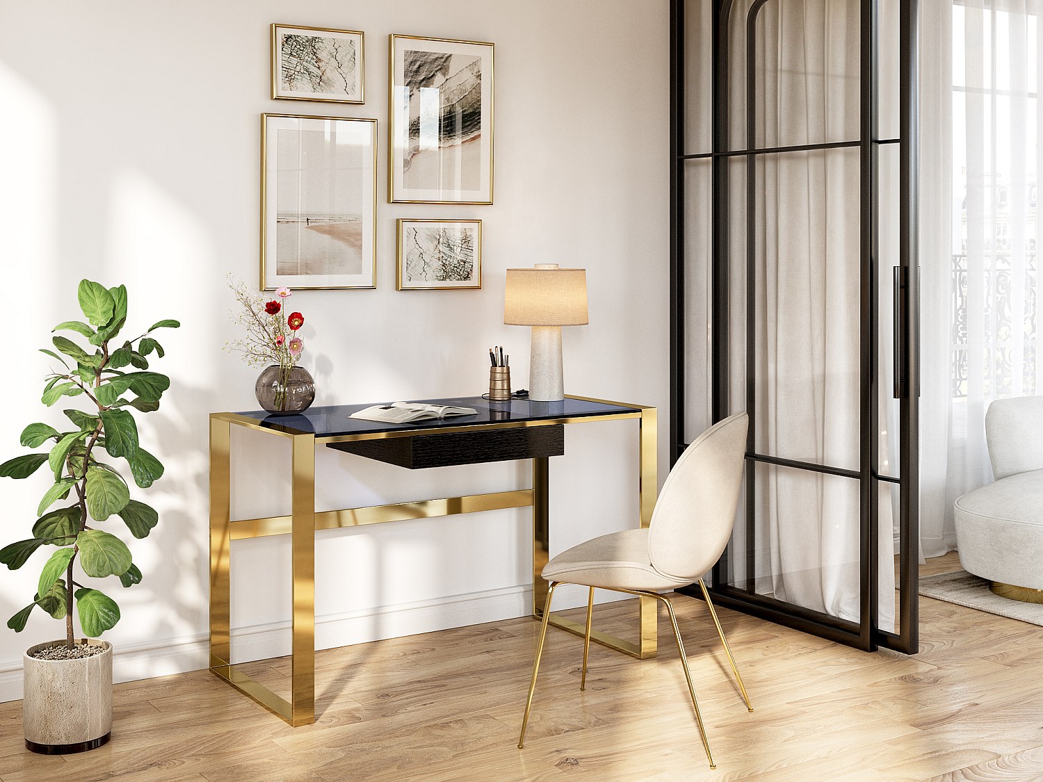 Schreibtisch mit 1 Schublade - Glas & Stahl - Schwarz & Goldfarben - SALI v günstig online kaufen