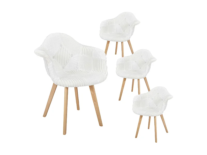 ROHAN - Lot de 4 Fauteuils Imitation Laine Motif Patchwork Blanc