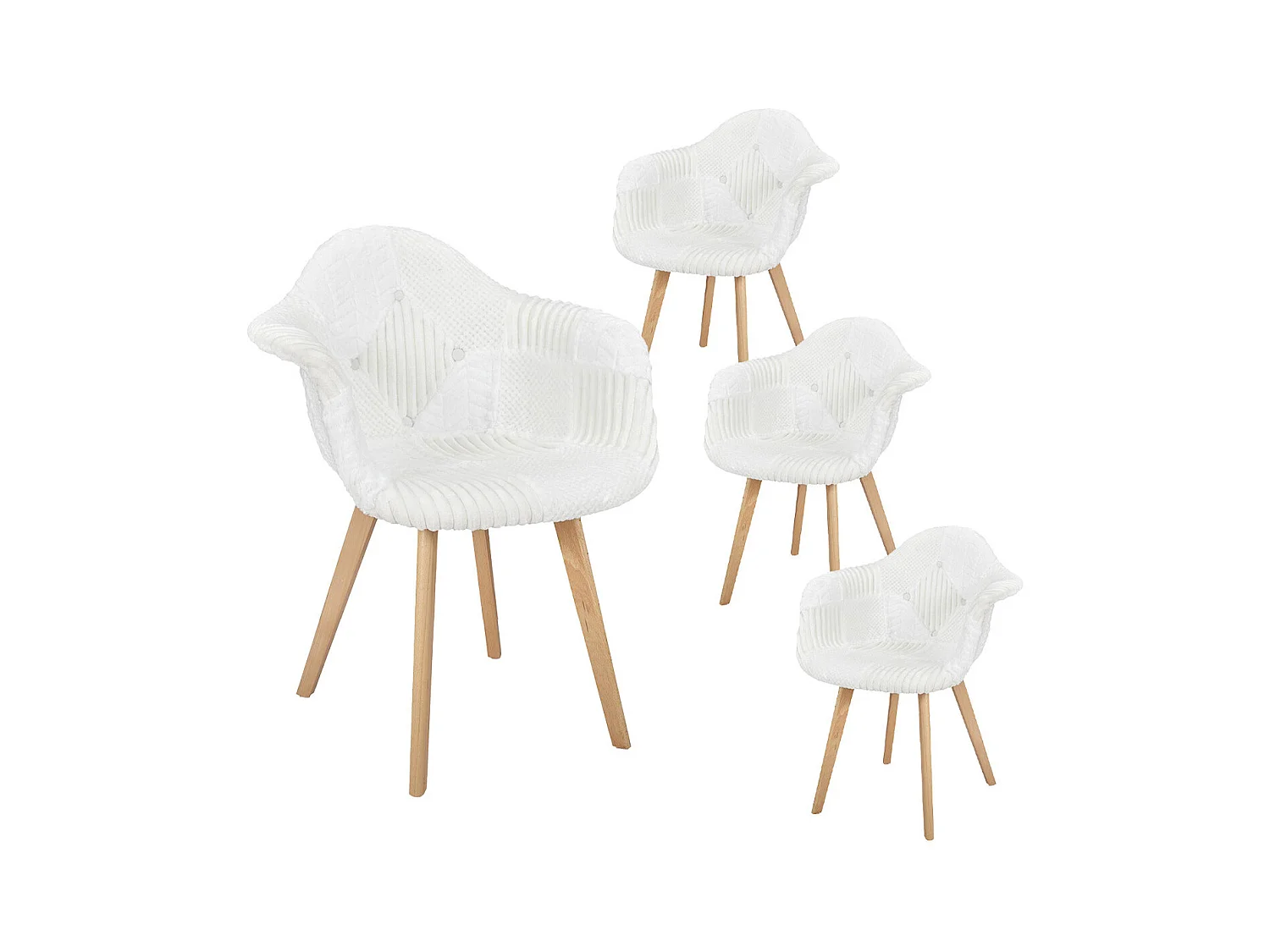 ROHAN - Lot de 4 Fauteuils Imitation Laine Motif Patchwork Blanc