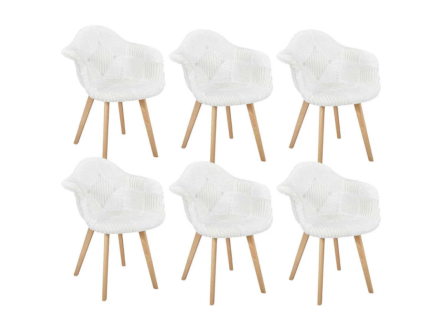 ROHAN - Lot de 6 Fauteuils Imitation Laine Motif Patchwork Blanc