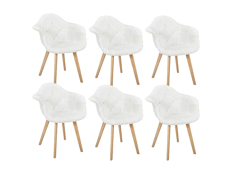 ROHAN - Lot de 6 Fauteuils Imitation Laine Motif Patchwork Blanc