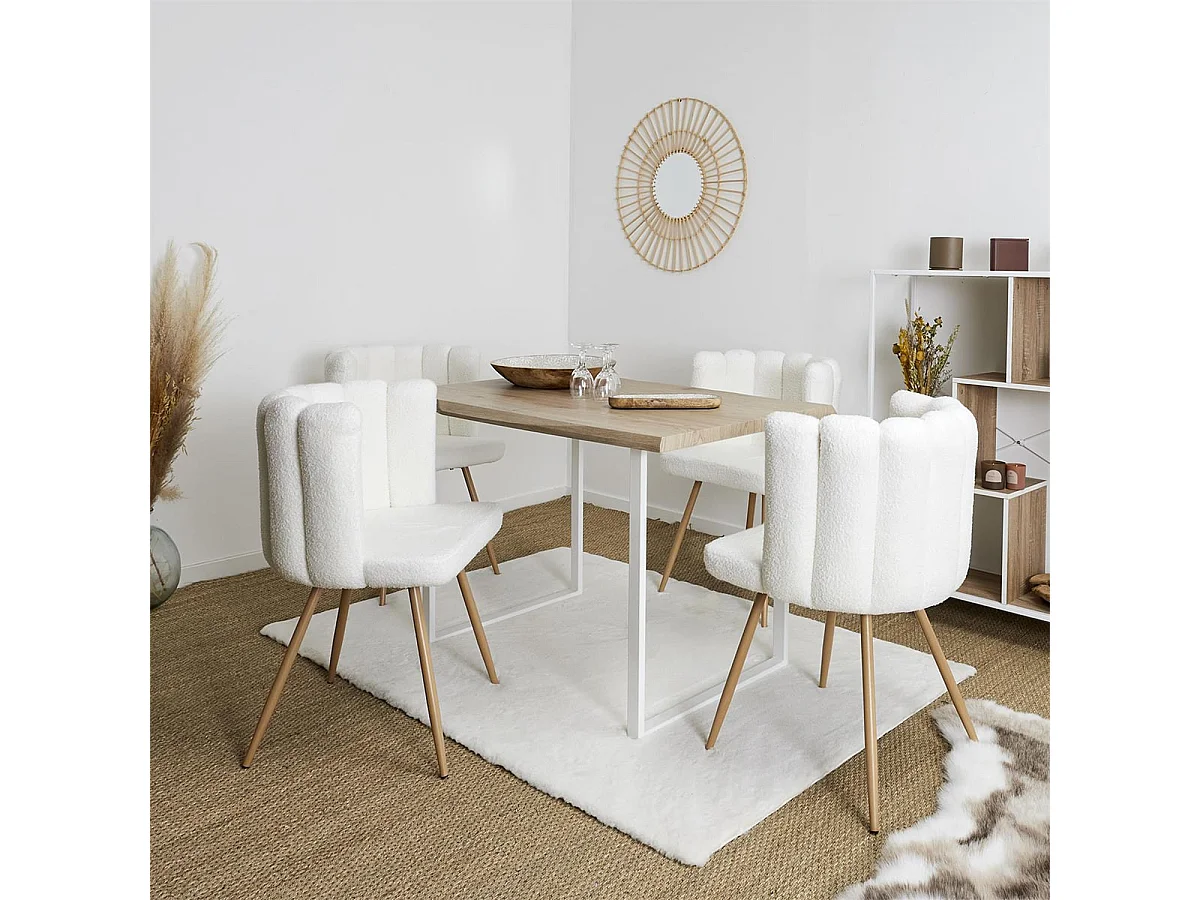 FJARD - Lot de 4 Fauteuils Blanc Tissu Bouclettes