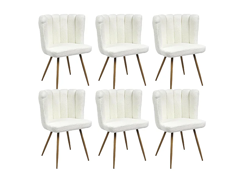 FJARD - Lot de 6 Fauteuils Blanc Tissu Bouclettes