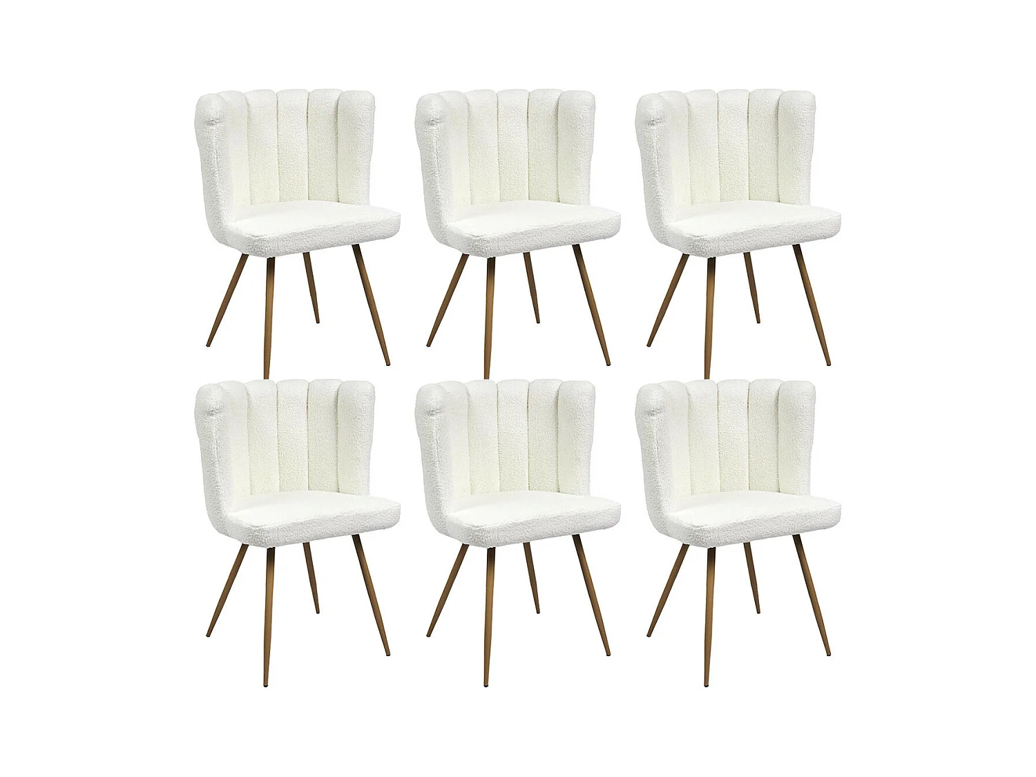 FJARD - Lot de 6 Fauteuils Blanc Tissu Bouclettes