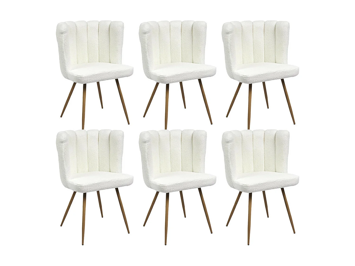 FJARD - Lot de 6 Fauteuils Blanc Tissu Bouclettes