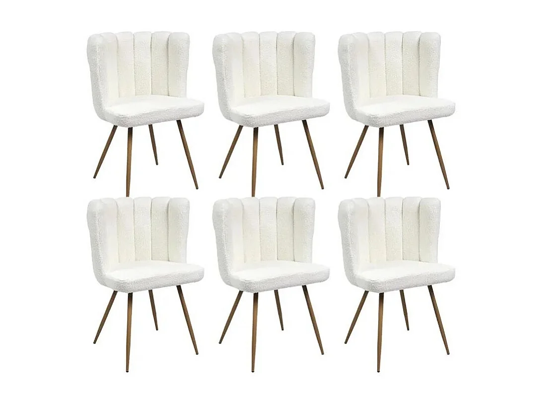 FJARD - Lot de 6 Fauteuils Blanc Tissu Bouclettes