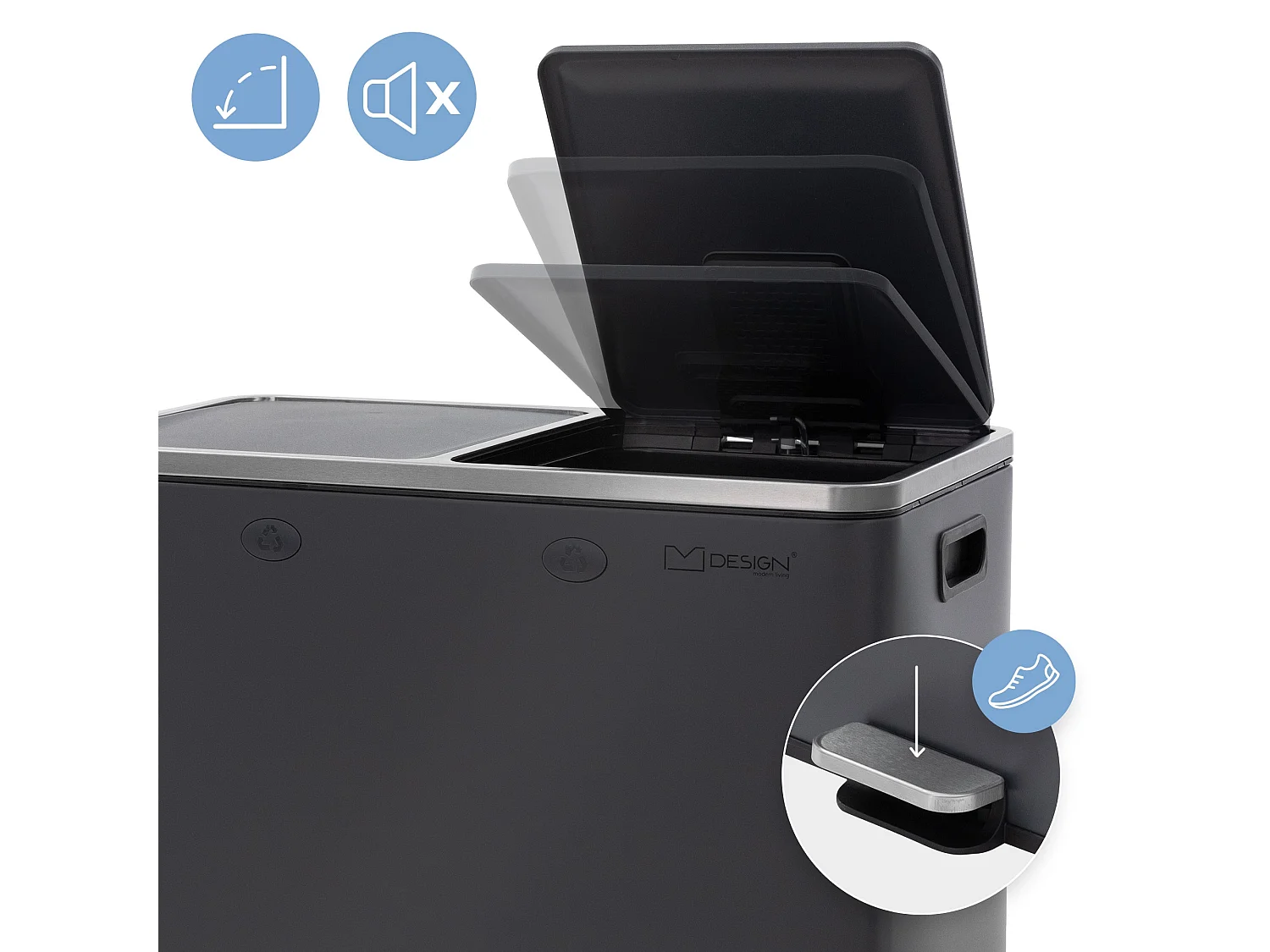 Poubelle cuisine à pédale tri des déchets 2 compartiments 2x30L anthracite 60L