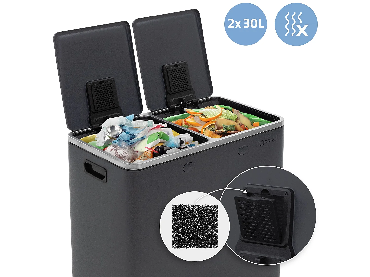 Poubelle cuisine à pédale tri des déchets 2 compartiments 2x30L anthracite 60L