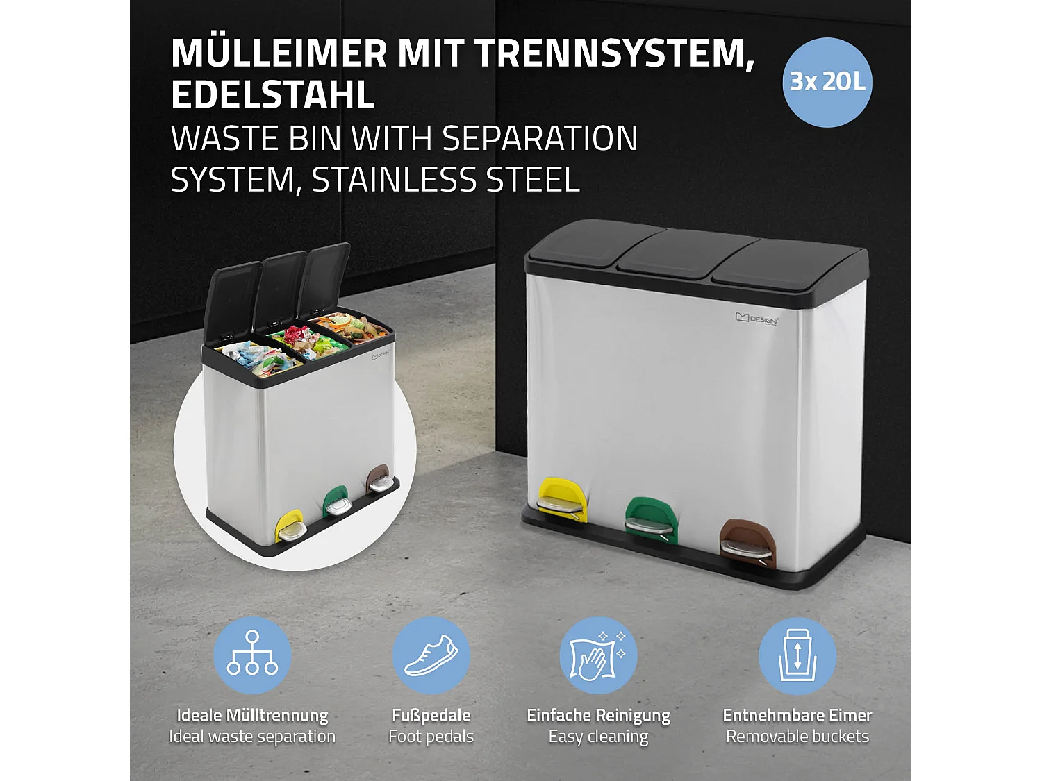 Poubelle cuisine à pédale tri des déchets avec 3 compartiments 3x20L argent 60L