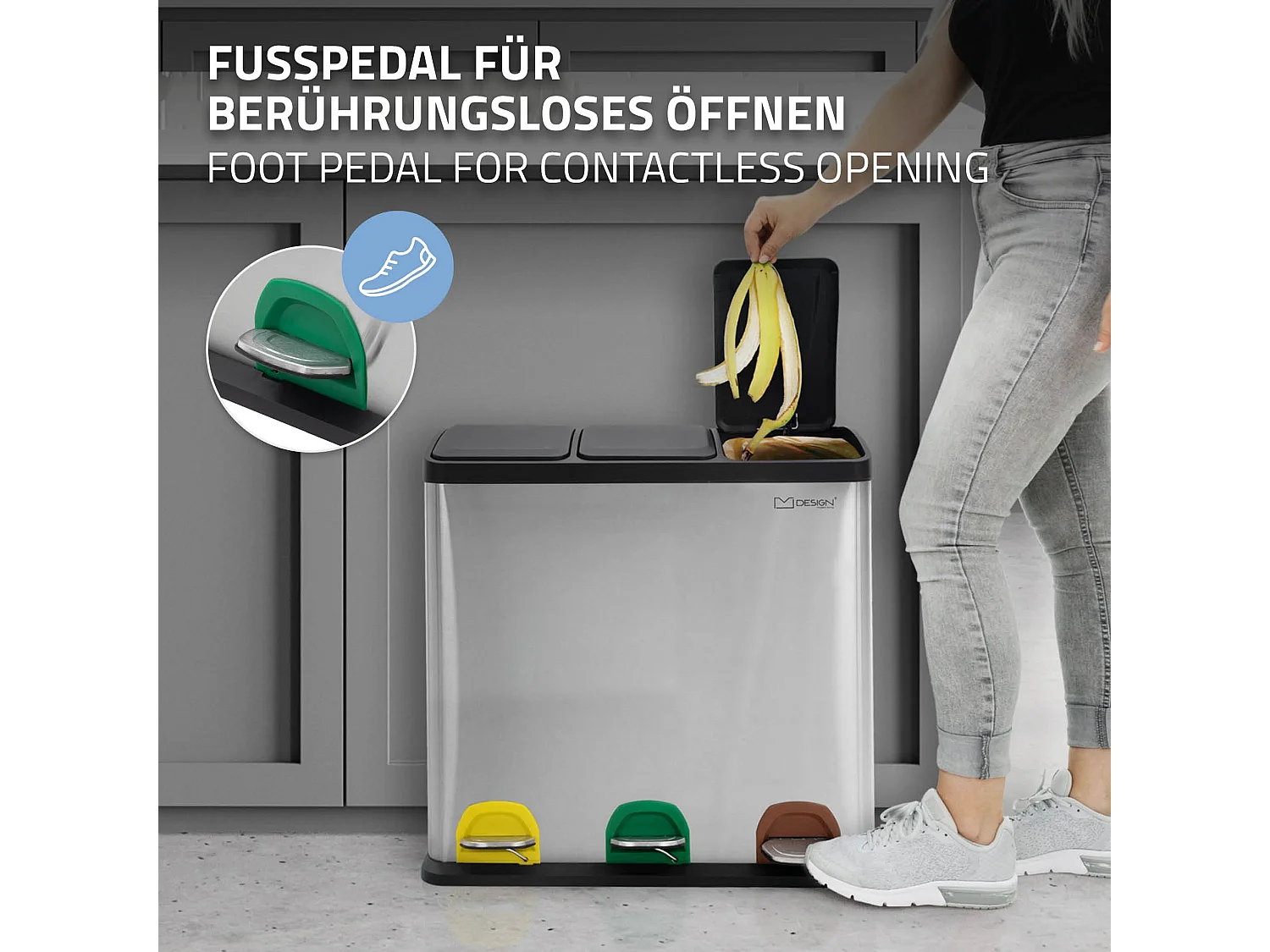 Poubelle cuisine à pédale tri des déchets avec 3 compartiments 3x20L argent 60L