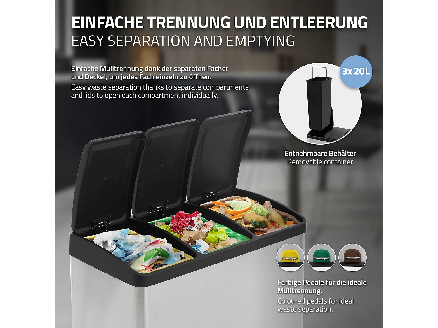 Poubelle cuisine à pédale tri des déchets avec 3 compartiments 3x20L argent 60L