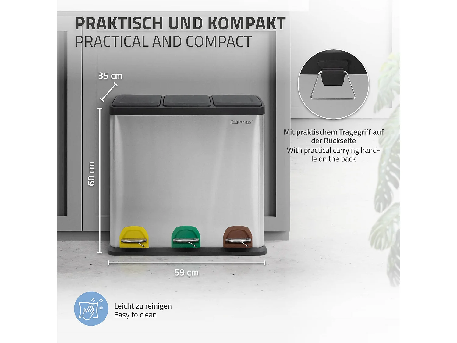 Poubelle cuisine à pédale tri des déchets avec 3 compartiments 3x20L argent 60L