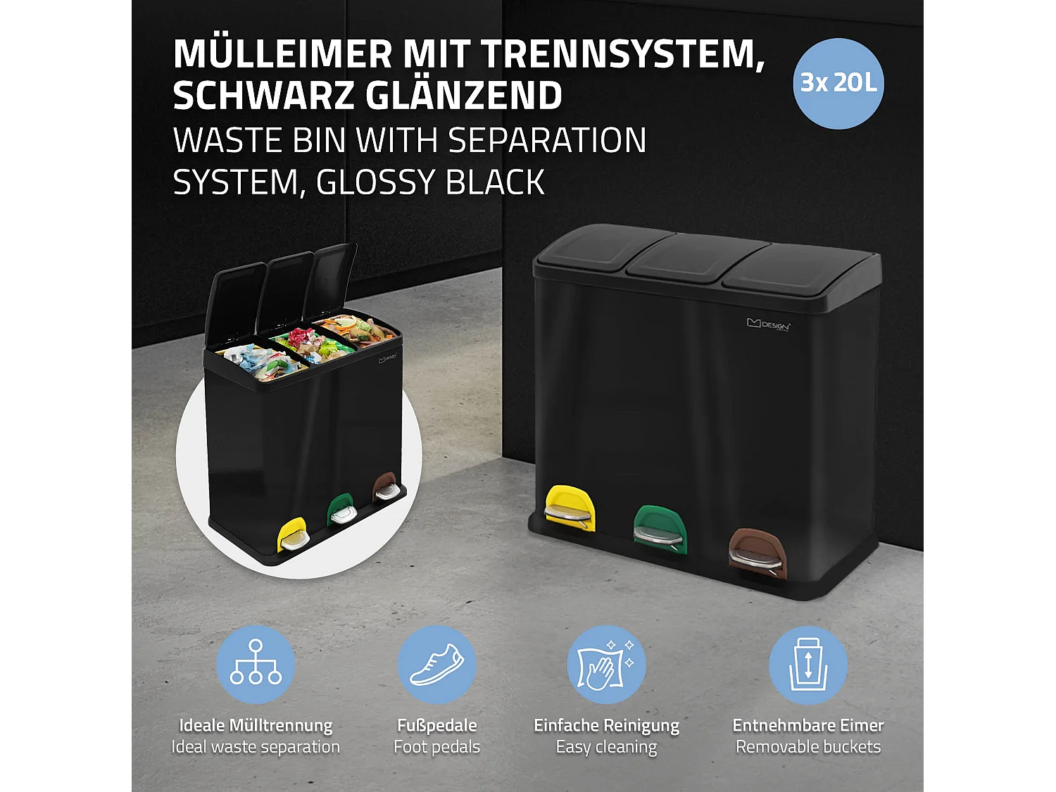 Poubelle cuisine à pédale tri des déchets avec 3 compartiments 3x20L noir 60L