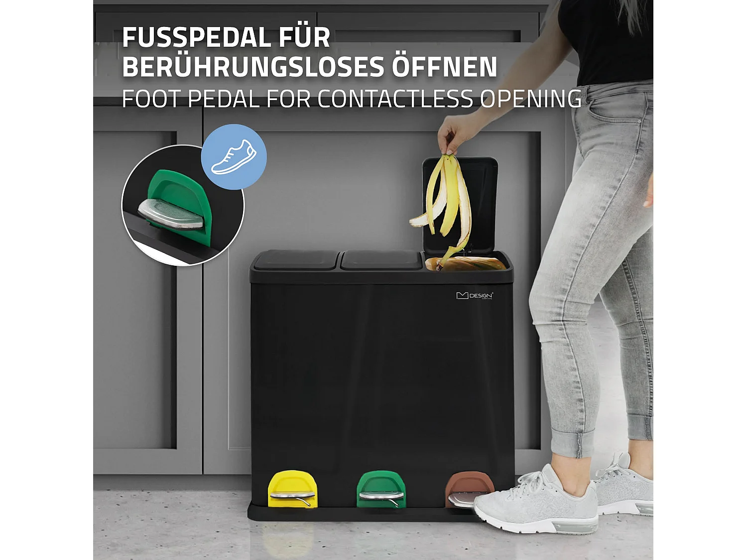 Poubelle cuisine à pédale tri des déchets avec 3 compartiments 3x20L noir 60L