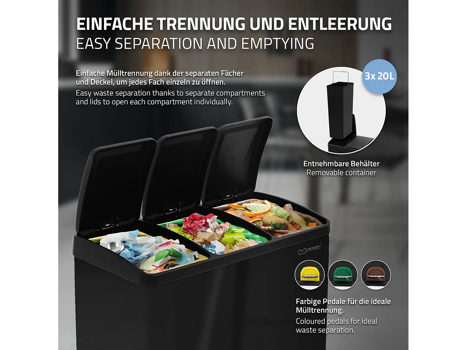 Poubelle cuisine à pédale tri des déchets avec 3 compartiments 3x20L noir 60L