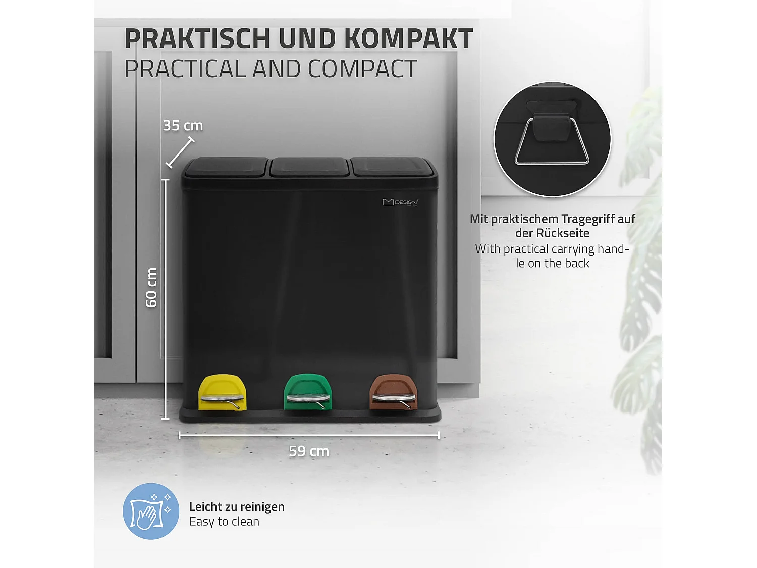 Poubelle cuisine à pédale tri des déchets avec 3 compartiments 3x20L noir 60L