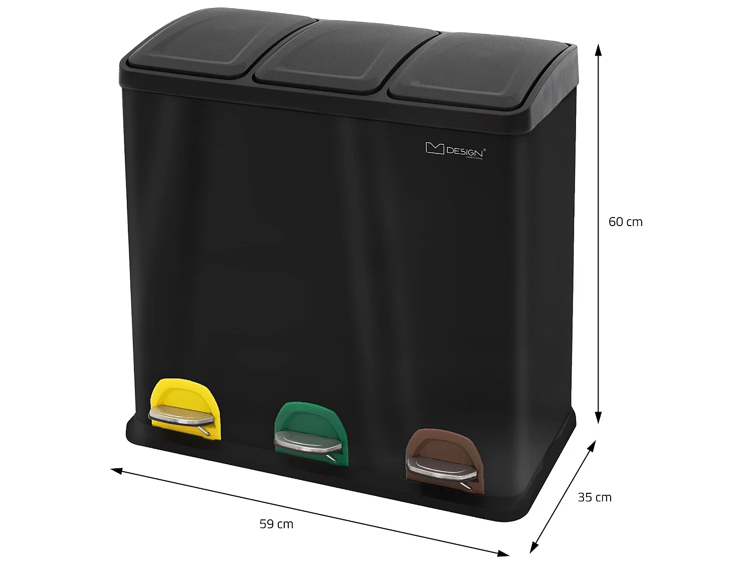 Poubelle cuisine à pédale tri des déchets avec 3 compartiments 3x20L noir 60L