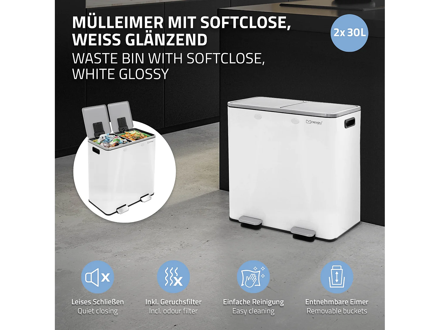 Poubelle double cuisine à pédale tri des déchets 2 compartiments 2x30L blanc 60L