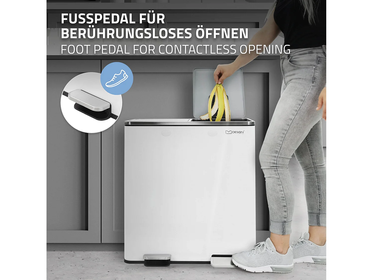 Poubelle double cuisine à pédale tri des déchets 2 compartiments 2x30L blanc 60L
