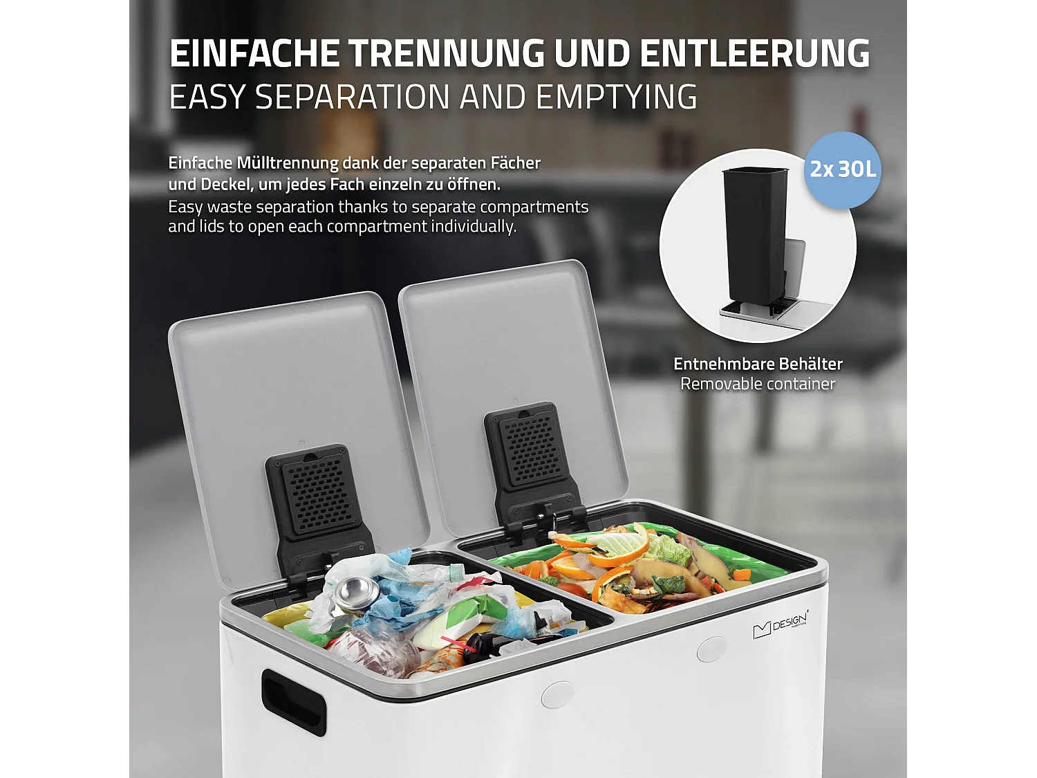 Poubelle double cuisine à pédale tri des déchets 2 compartiments 2x30L blanc 60L