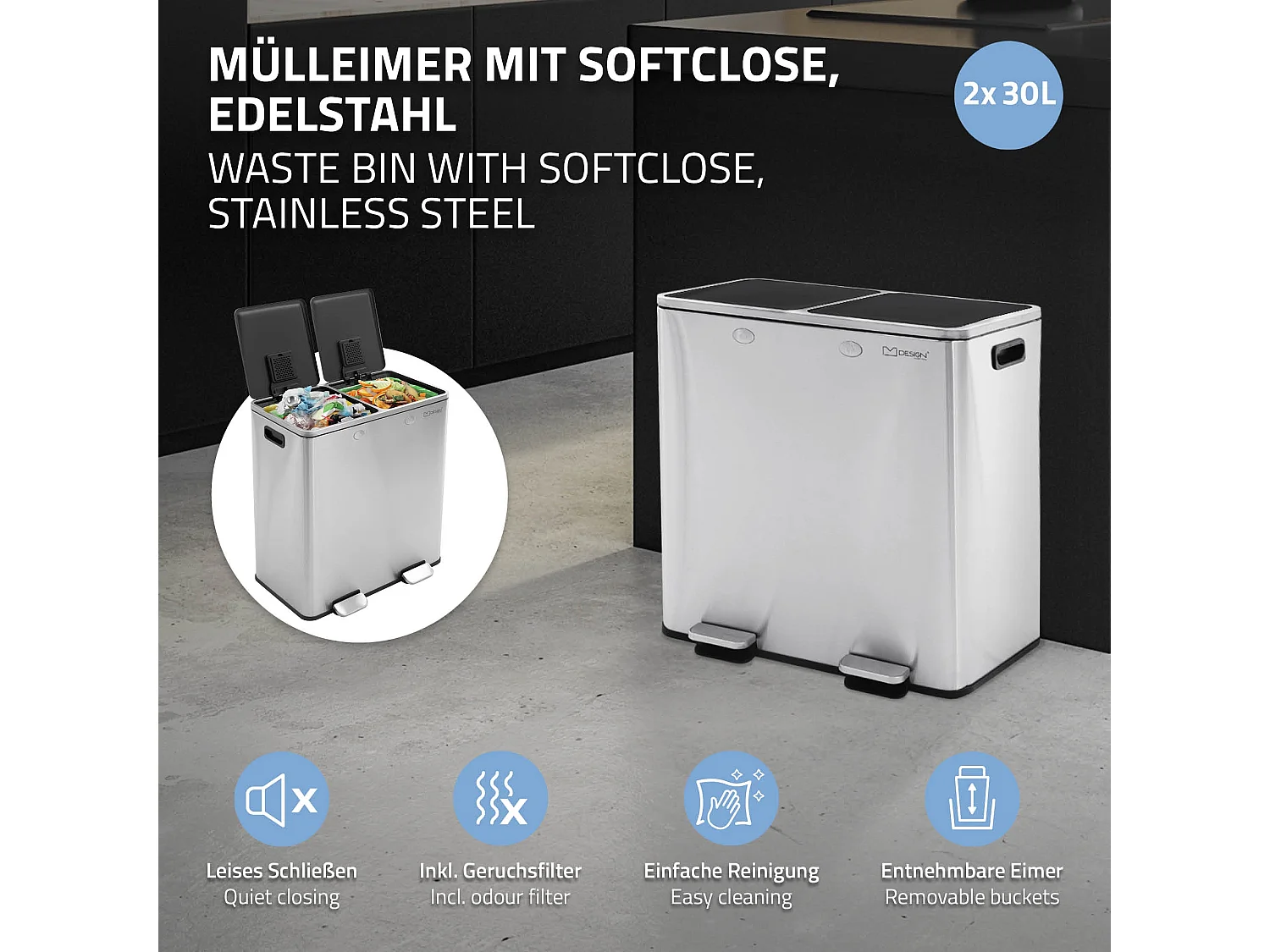 Poubelle double cuisine à pédale tri déchets ménagers 2 bacs 2x30L argent 60L