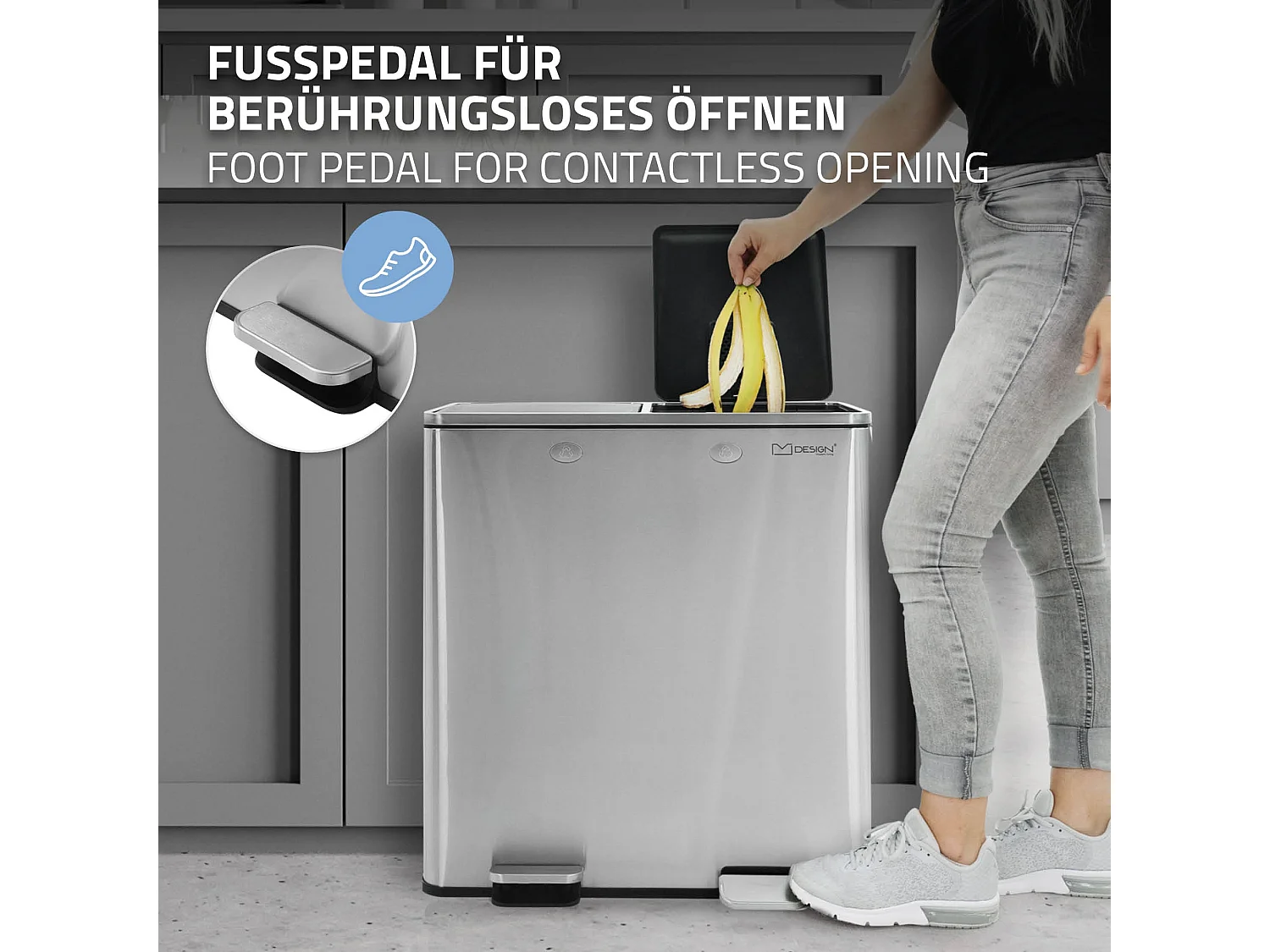 Poubelle double cuisine à pédale tri déchets ménagers 2 bacs 2x30L argent 60L