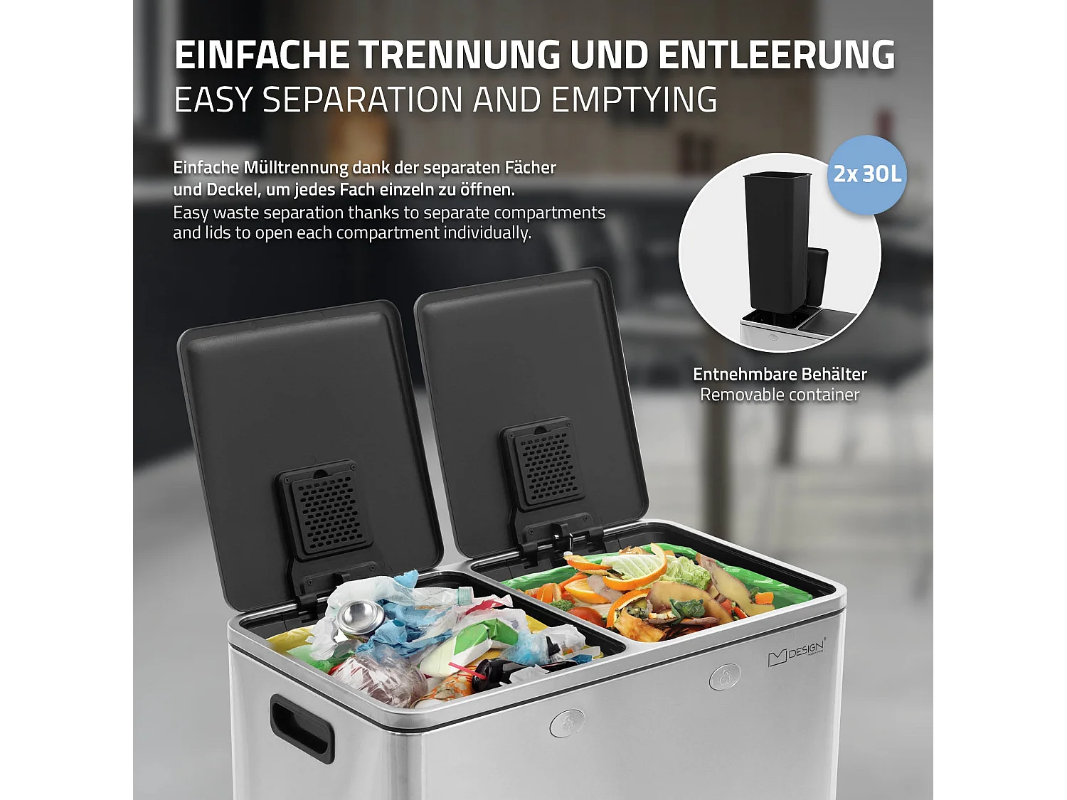 Poubelle double cuisine à pédale tri déchets ménagers 2 bacs 2x30L argent 60L