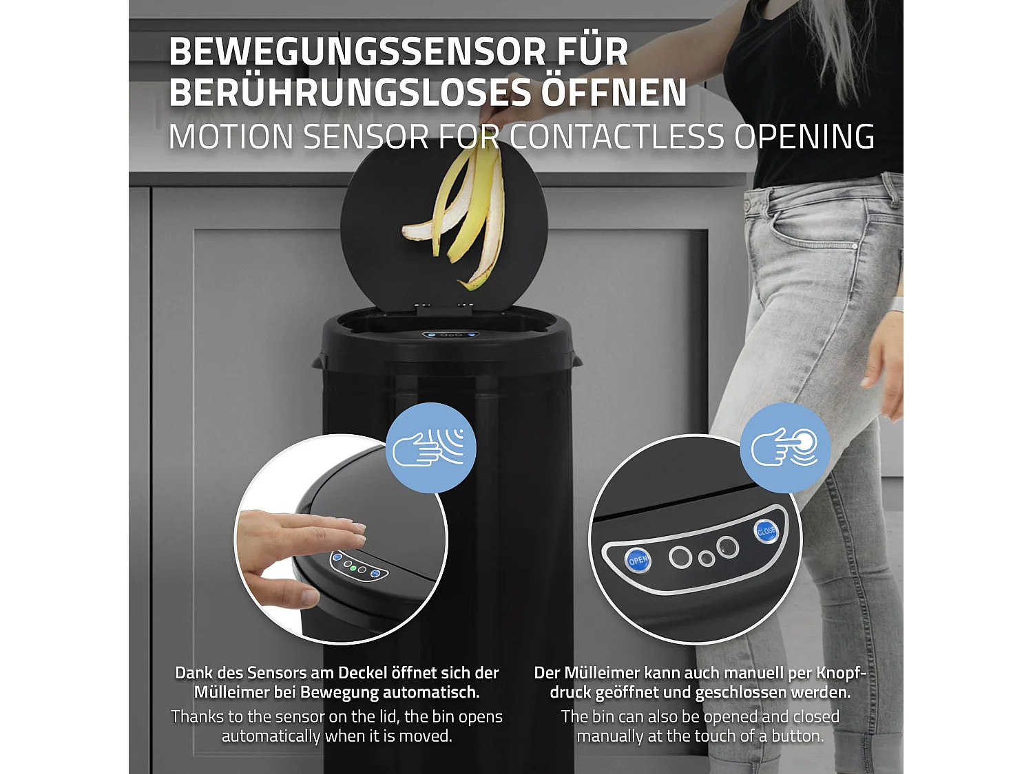 Pattumiera automatica con sensore cestino rifiuti spazzatura acciaio nero 30 L