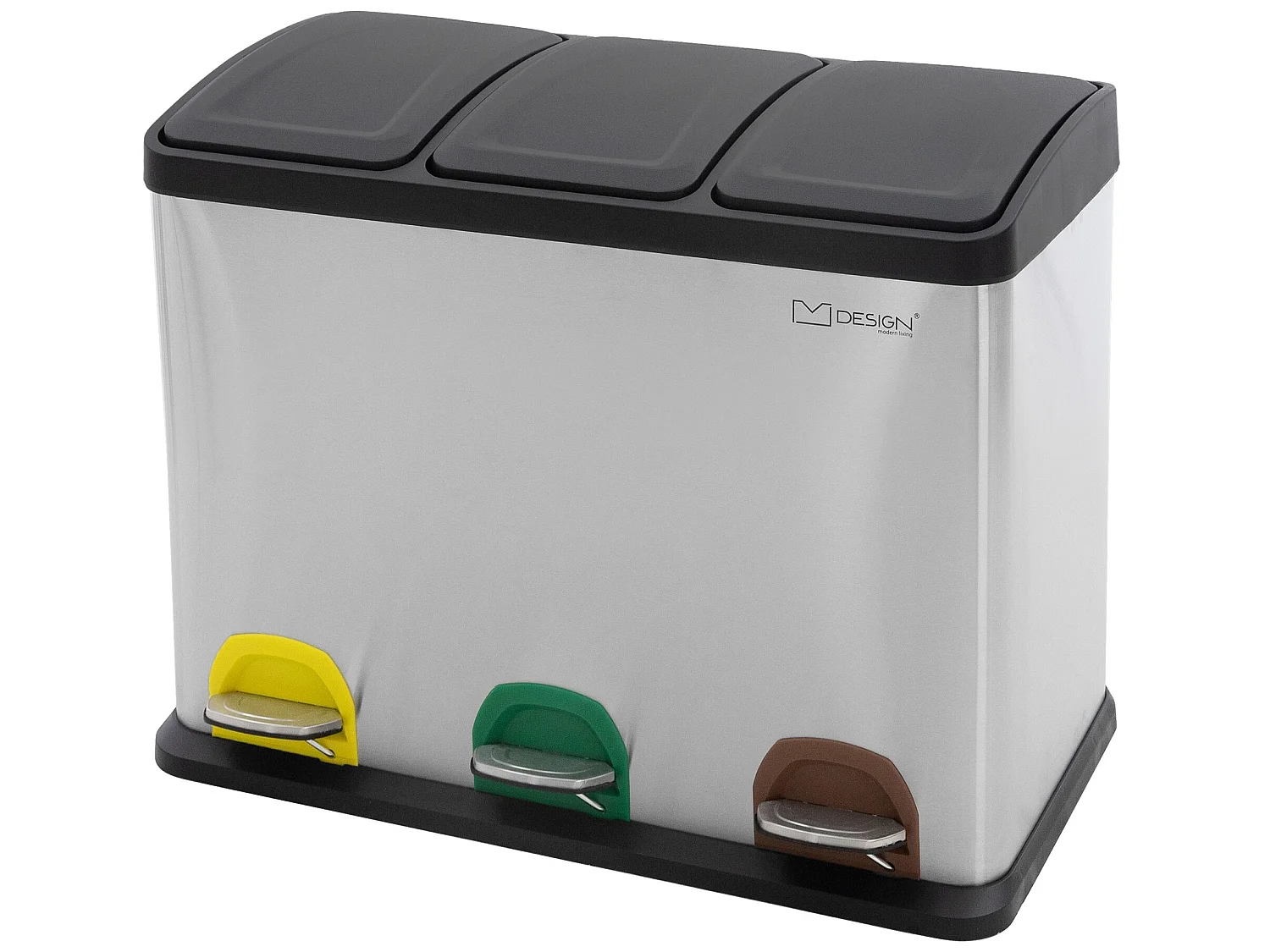 Poubelle triple cuisine à pédale tri déchets ménagers 3 bacs 3x15L argentée 45L