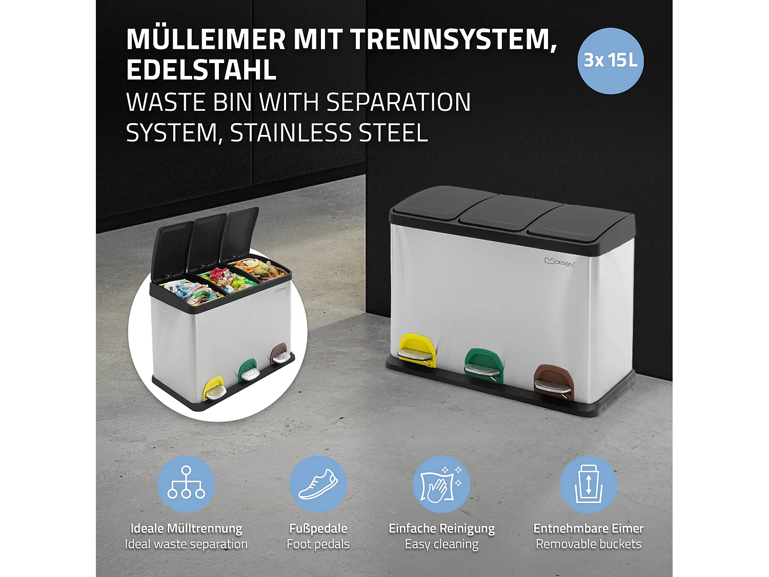 Poubelle triple cuisine à pédale tri déchets ménagers 3 bacs 3x15L argentée 45L
