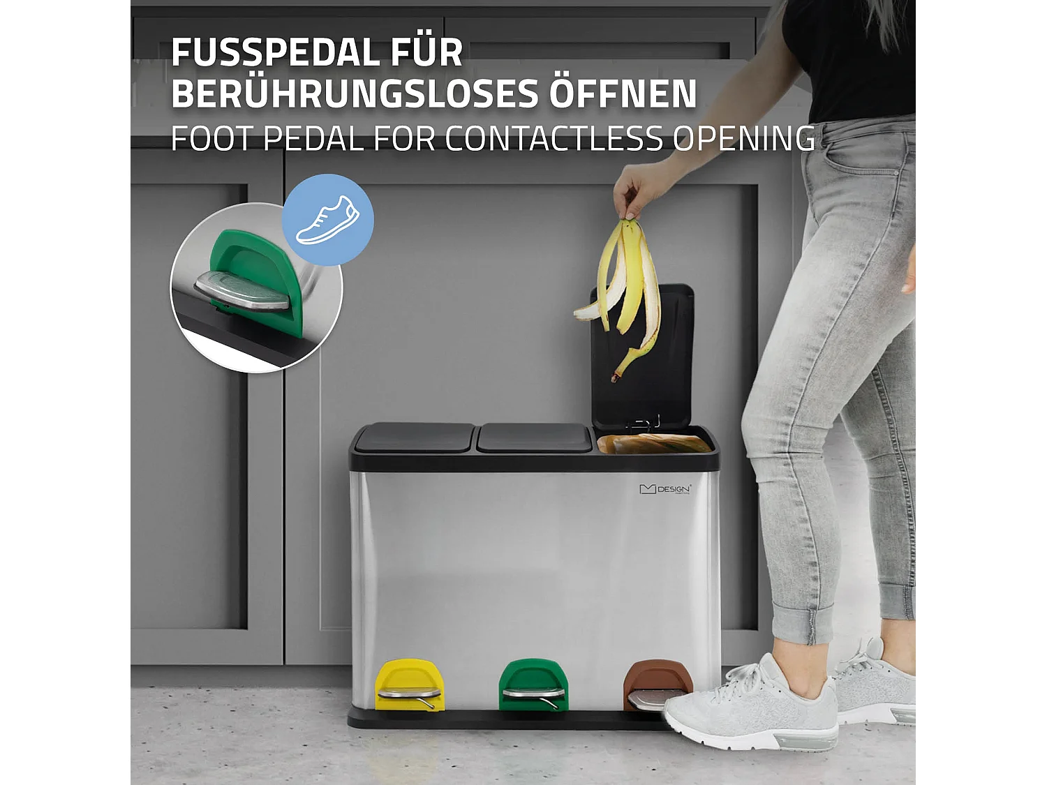 Poubelle triple cuisine à pédale tri déchets ménagers 3 bacs 3x15L argentée 45L