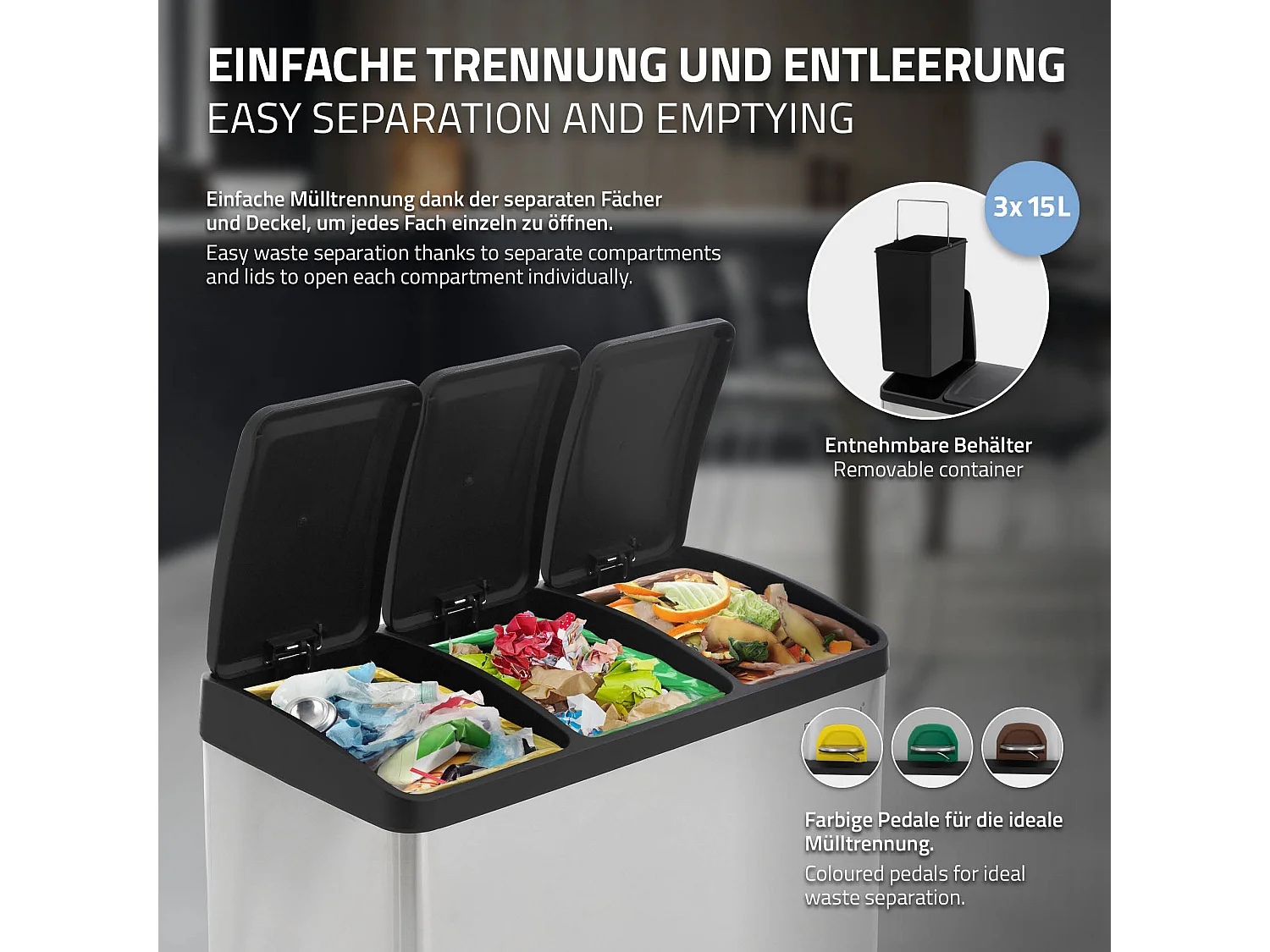 Poubelle triple cuisine à pédale tri déchets ménagers 3 bacs 3x15L argentée 45L