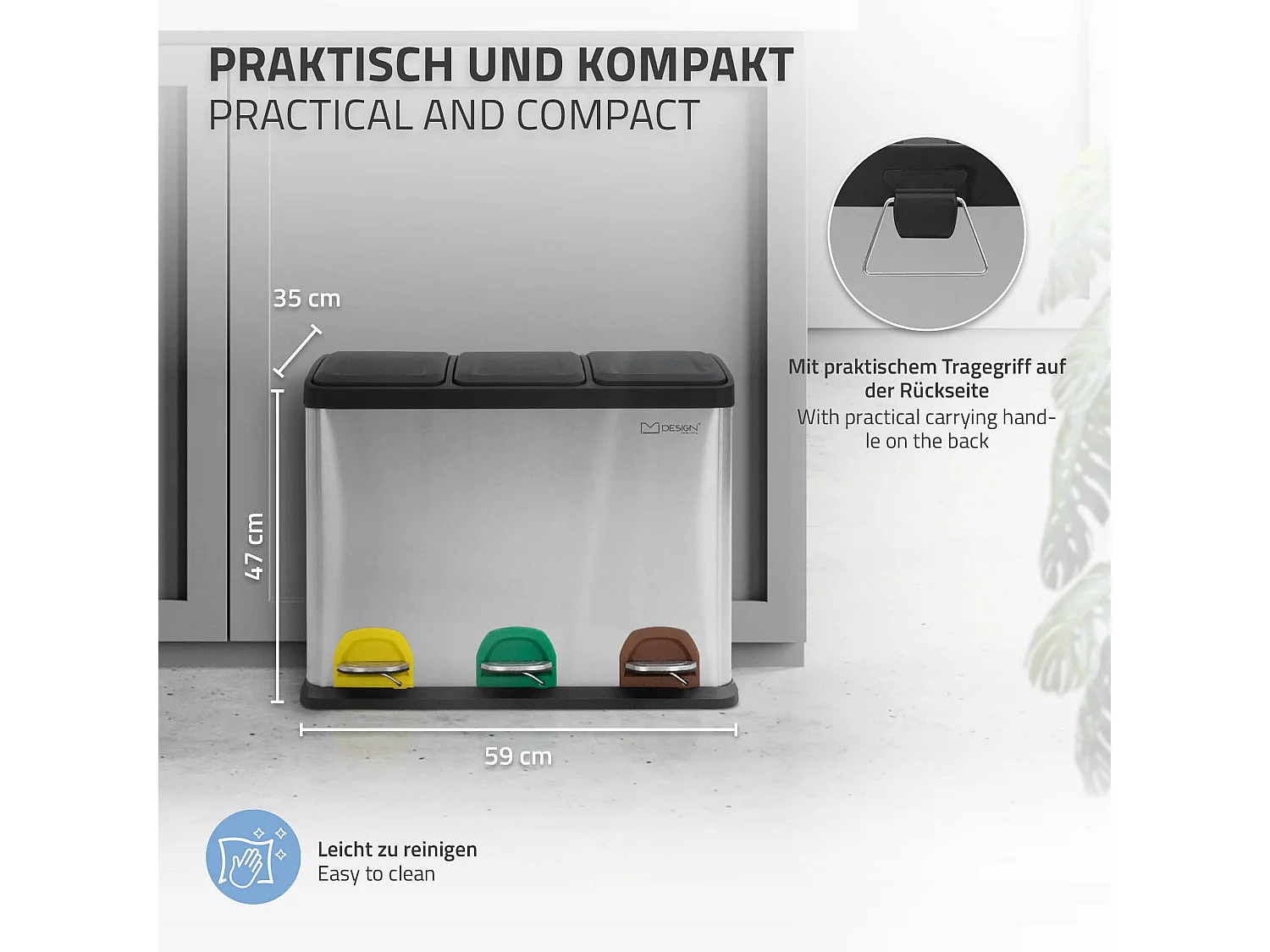 Poubelle triple cuisine à pédale tri déchets ménagers 3 bacs 3x15L argentée 45L