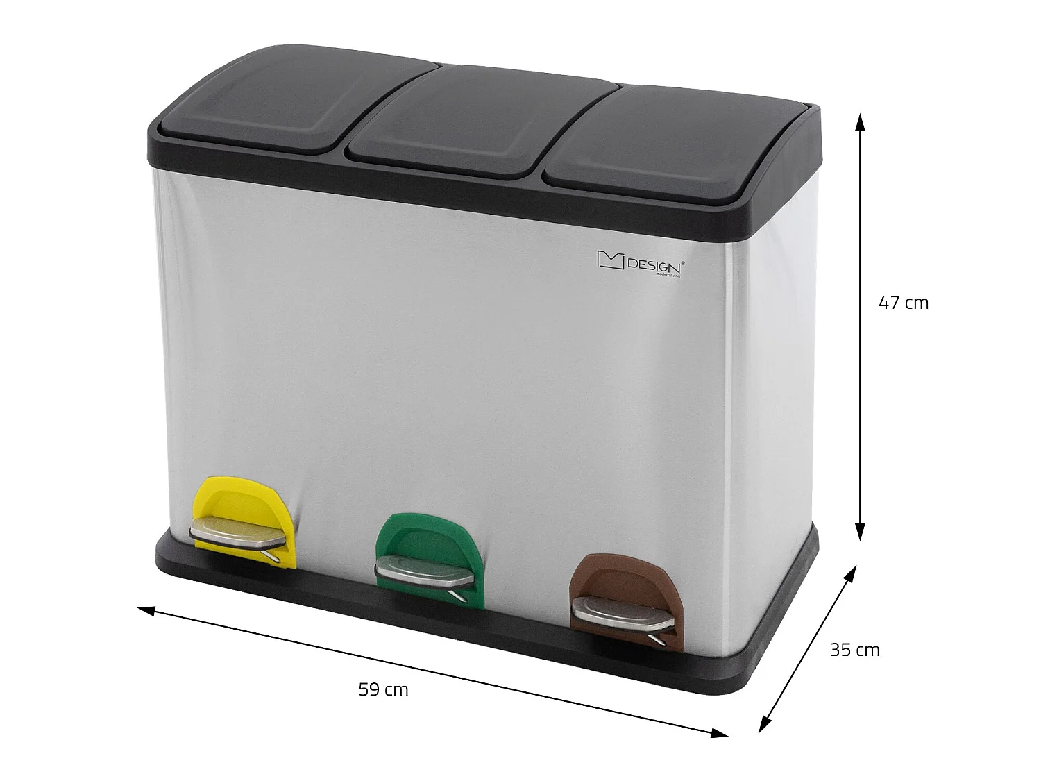 Poubelle triple cuisine à pédale tri déchets ménagers 3 bacs 3x15L argentée 45L